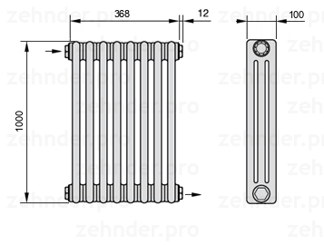Схема (чертеж) Радиатор Zehnder Charleston 3100/8 №1670 Белый глянцевый RAL 9016